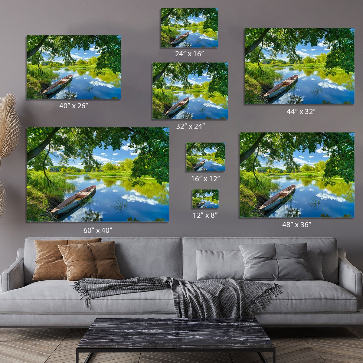 blue sky clouds Narew river boat Canvas Print or Poster