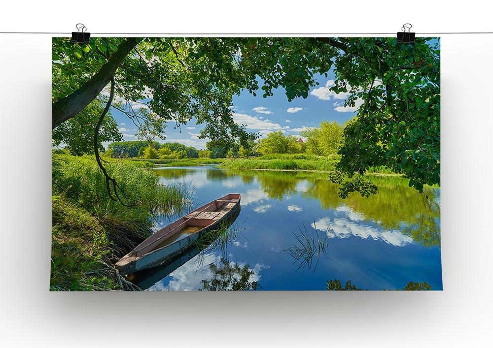 blue sky clouds Narew river boat Canvas Print or Poster - Canvas Art Rocks - 2