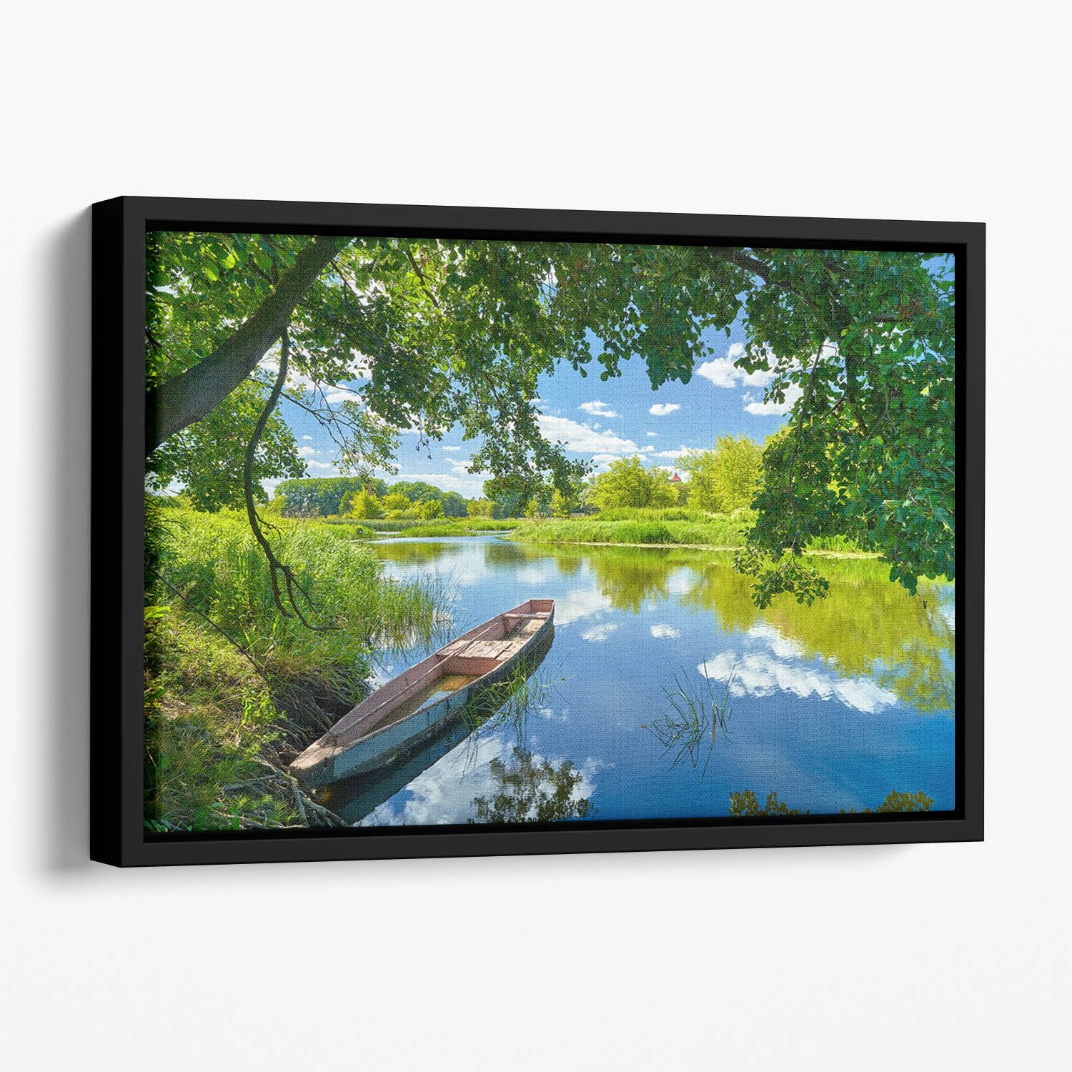 blue sky clouds Narew river boat Floating Framed Canvas