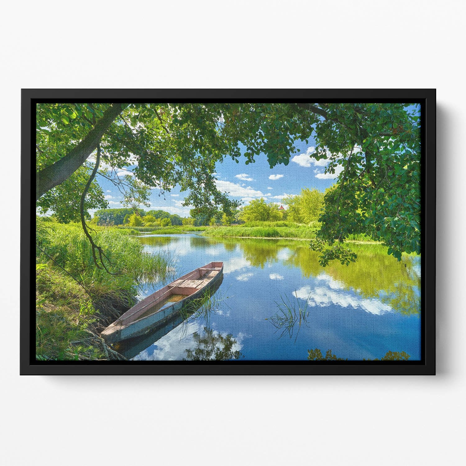 blue sky clouds Narew river boat Floating Framed Canvas