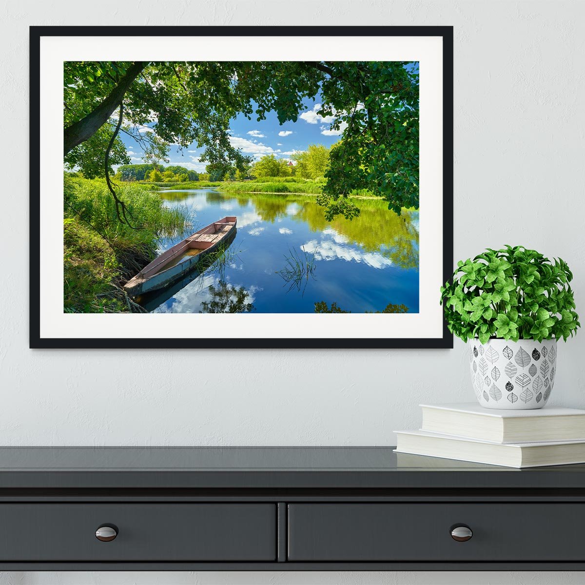 blue sky clouds Narew river boat Framed Print - Canvas Art Rocks - 1