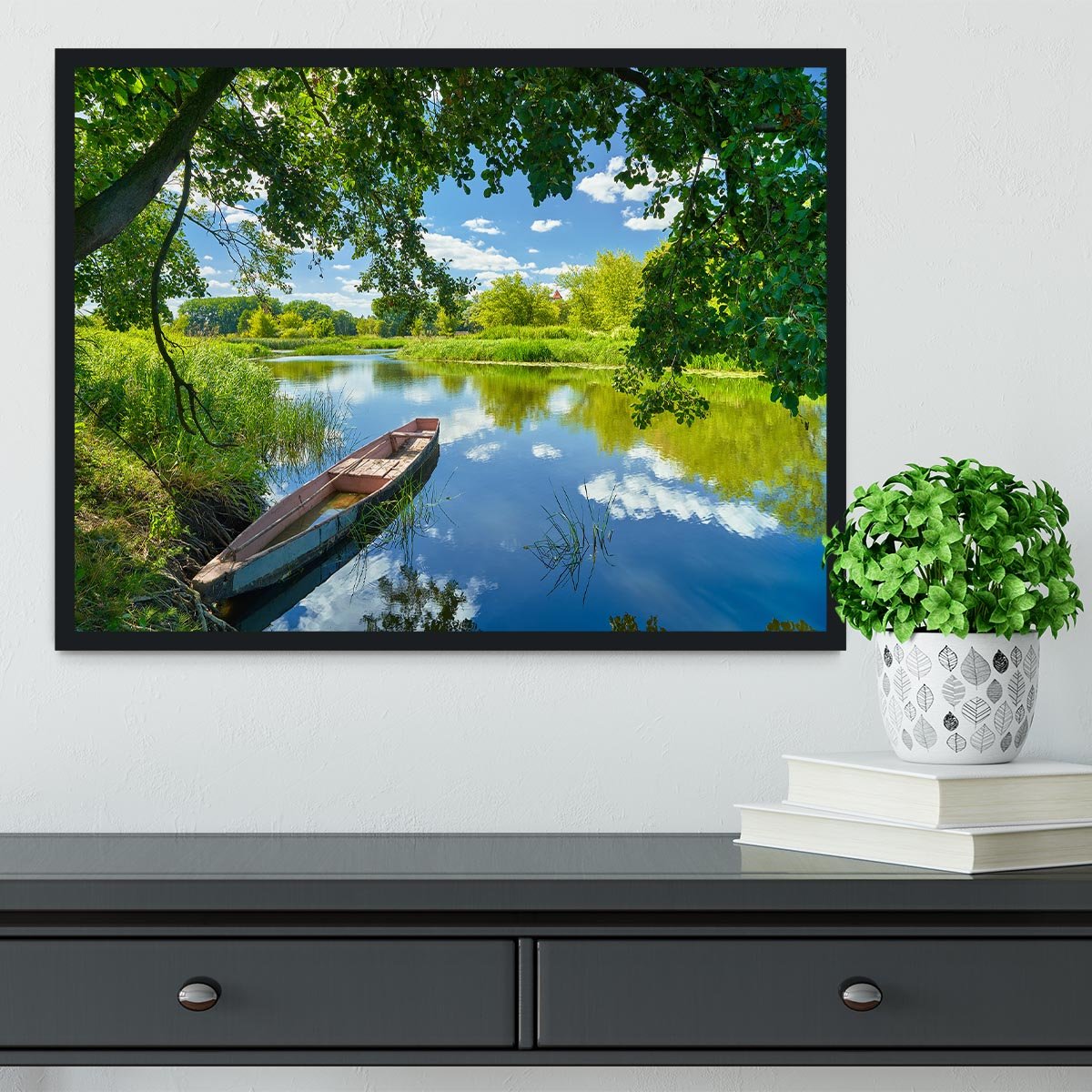 blue sky clouds Narew river boat Framed Print - Canvas Art Rocks - 2