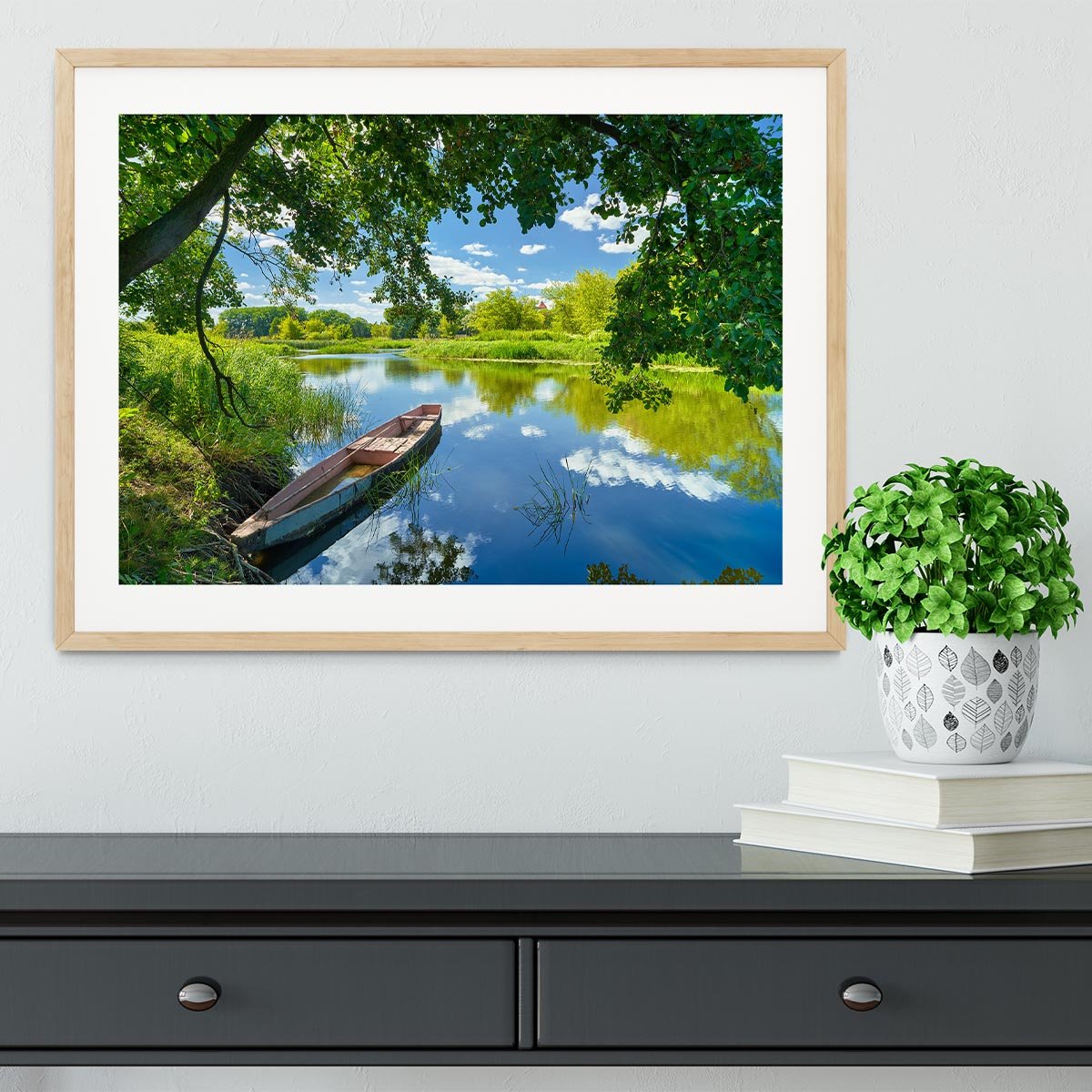 blue sky clouds Narew river boat Framed Print - Canvas Art Rocks - 3