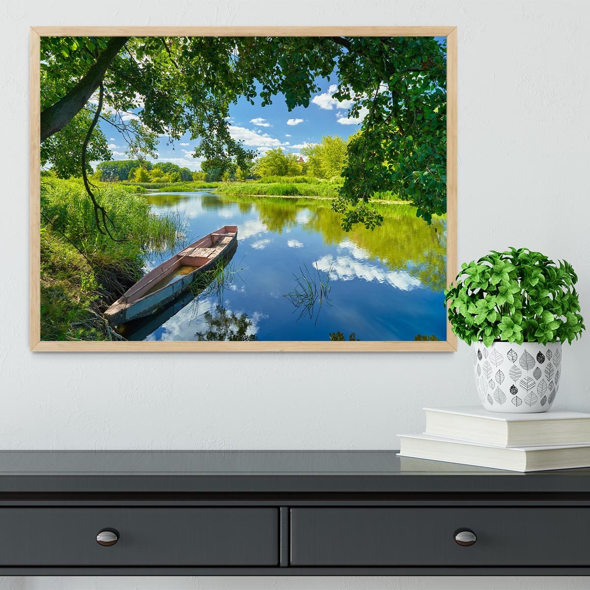 blue sky clouds Narew river boat Framed Print - Canvas Art Rocks - 4
