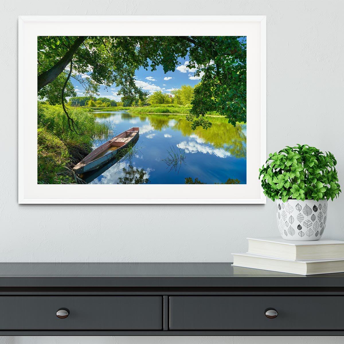blue sky clouds Narew river boat Framed Print - Canvas Art Rocks - 5