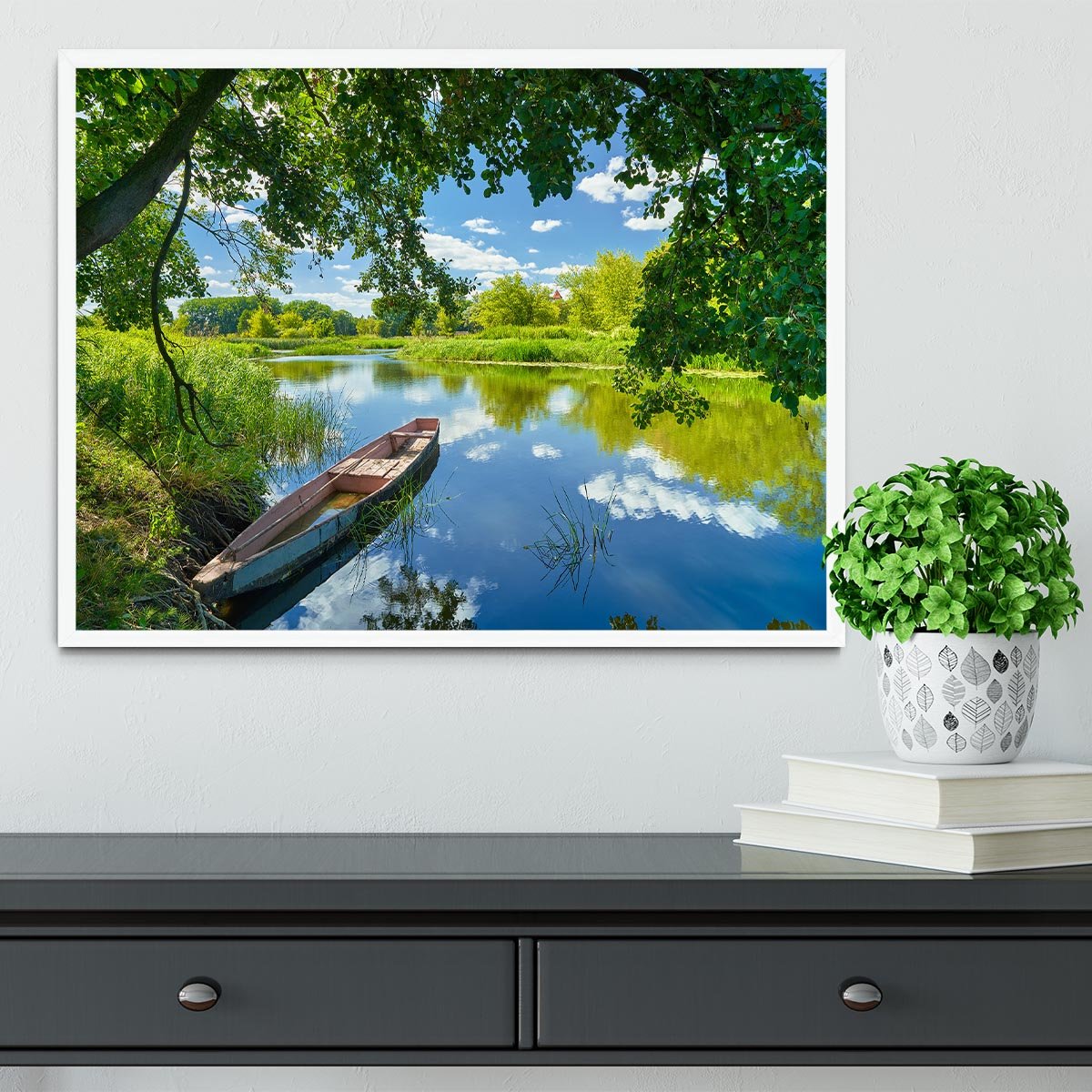 blue sky clouds Narew river boat Framed Print - Canvas Art Rocks -6