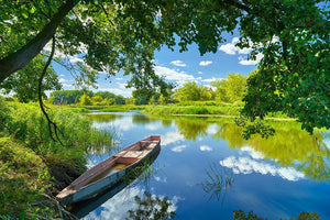 blue sky clouds Narew river boat Wall Mural Wallpaper - Canvas Art Rocks - 1