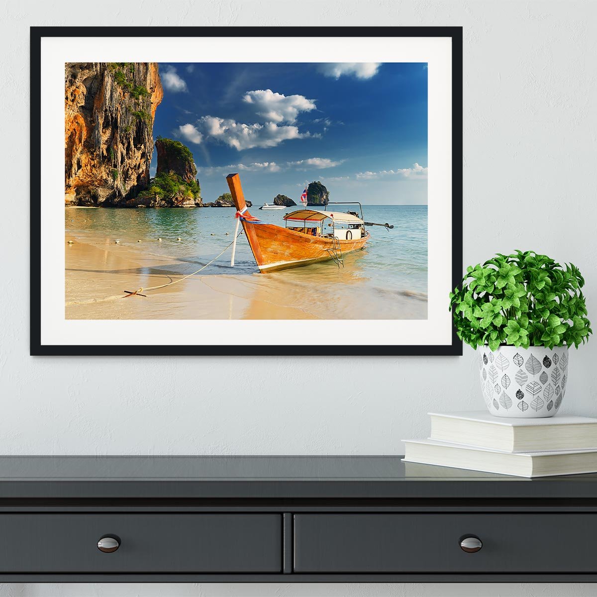 boats on Railay Beach Krabi Framed Print - Canvas Art Rocks - 1