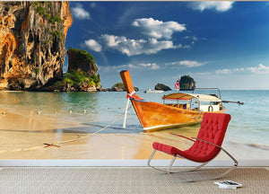 boats on Railay Beach Krabi Wall Mural Wallpaper - Canvas Art Rocks - 2