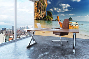 boats on Railay Beach Krabi Wall Mural Wallpaper - Canvas Art Rocks - 3