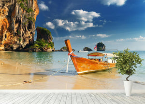 boats on Railay Beach Krabi Wall Mural Wallpaper - Canvas Art Rocks - 4