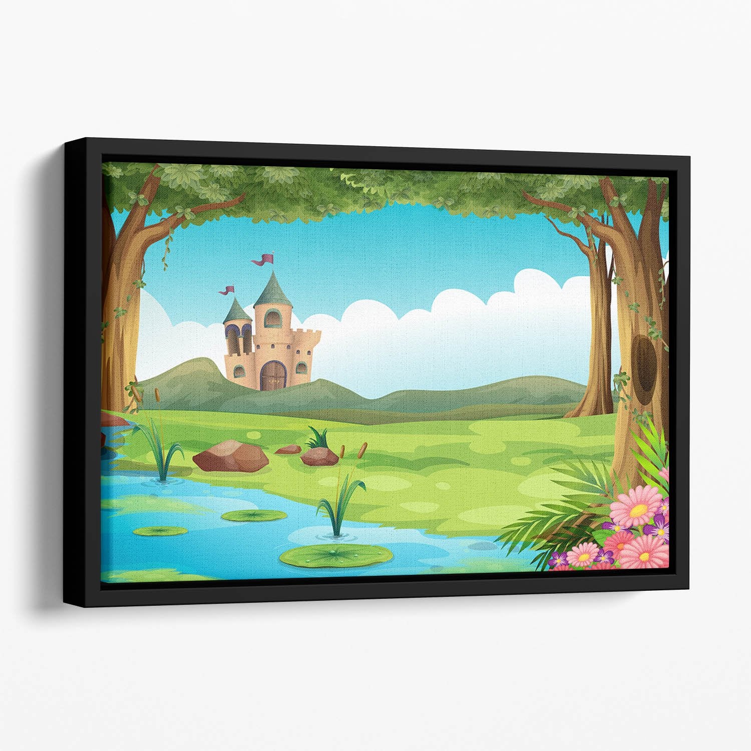 castle and a pond Floating Framed Canvas