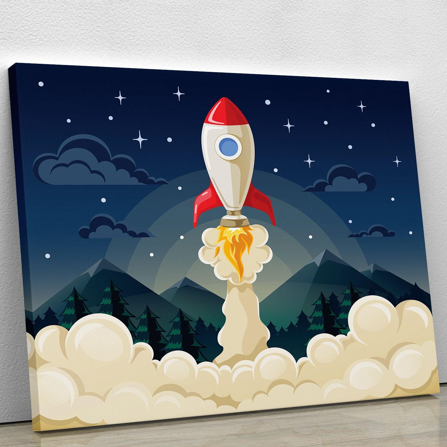 concept of space rocket ship startup on dark Canvas Print or Poster