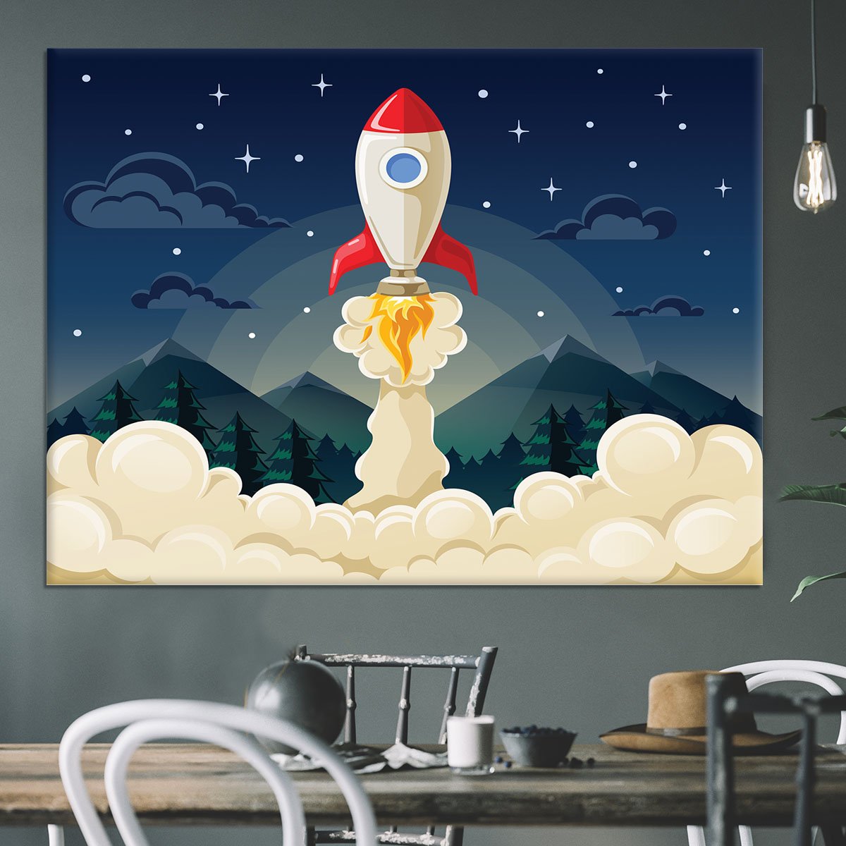 concept of space rocket ship startup on dark Canvas Print or Poster