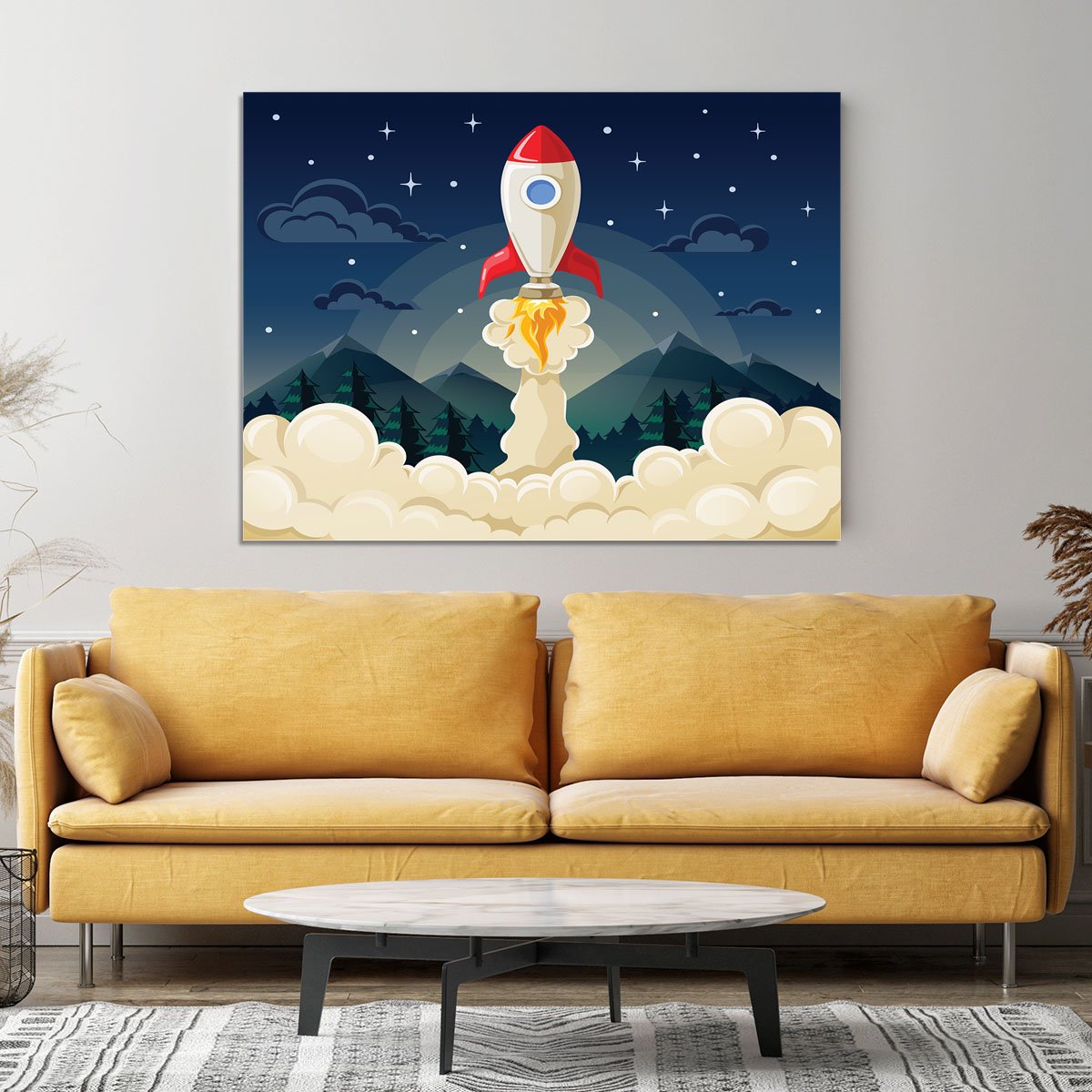 concept of space rocket ship startup on dark Canvas Print or Poster