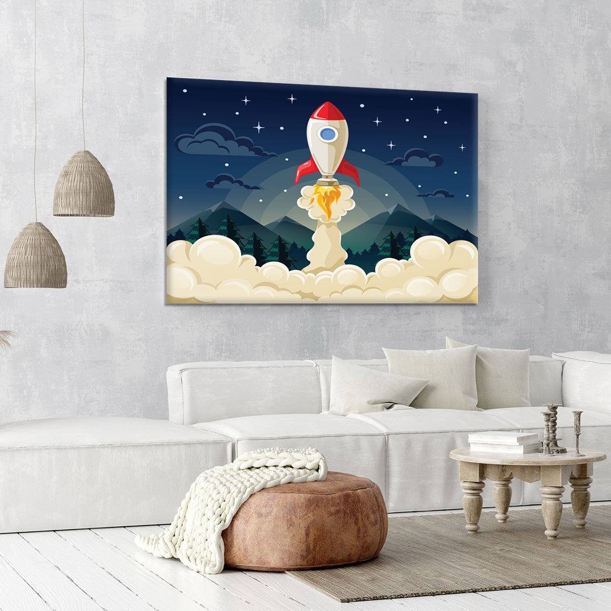 concept of space rocket ship startup on dark Canvas Print or Poster