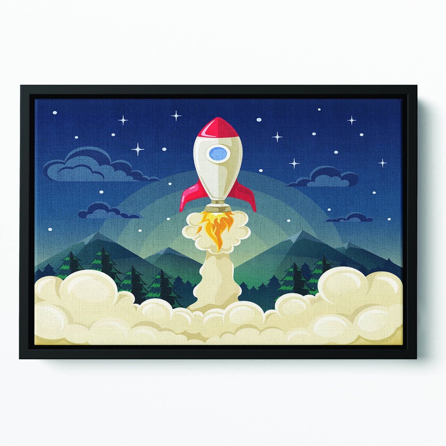 concept of space rocket ship startup on dark Floating Framed Canvas