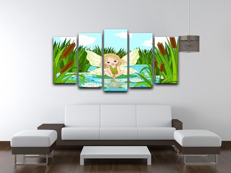 cute fairy sitting in leaf of lily 5 Split Panel Canvas - Canvas Art Rocks - 3