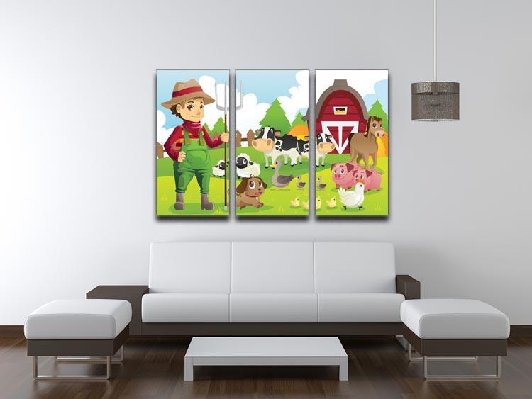 farmer at his farm with a bunch of farm animals 3 Split Panel Canvas Print - Canvas Art Rocks - 3