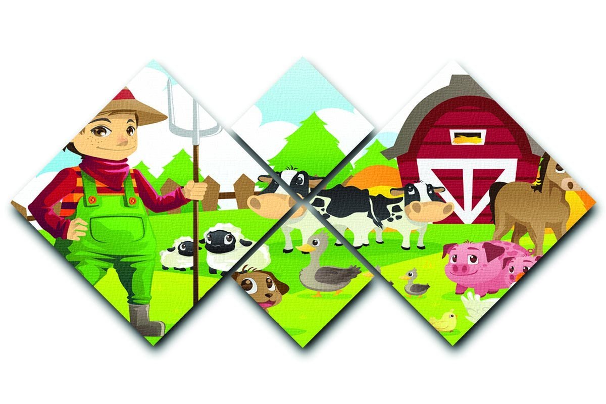 farmer at his farm with a bunch of farm animals 4 Square Multi Panel Canvas - Canvas Art Rocks - 1