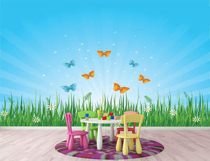 illustration of grassy field and butterflies Wall Mural Wallpaper - Canvas Art Rocks - 2