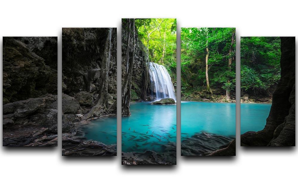 lowing turquoise water of Erawan cascade 5 Split Panel Canvas  - Canvas Art Rocks - 1
