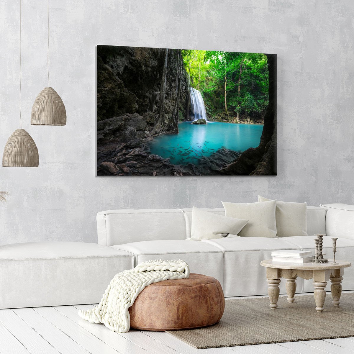 lowing turquoise water of Erawan cascade Canvas Print or Poster