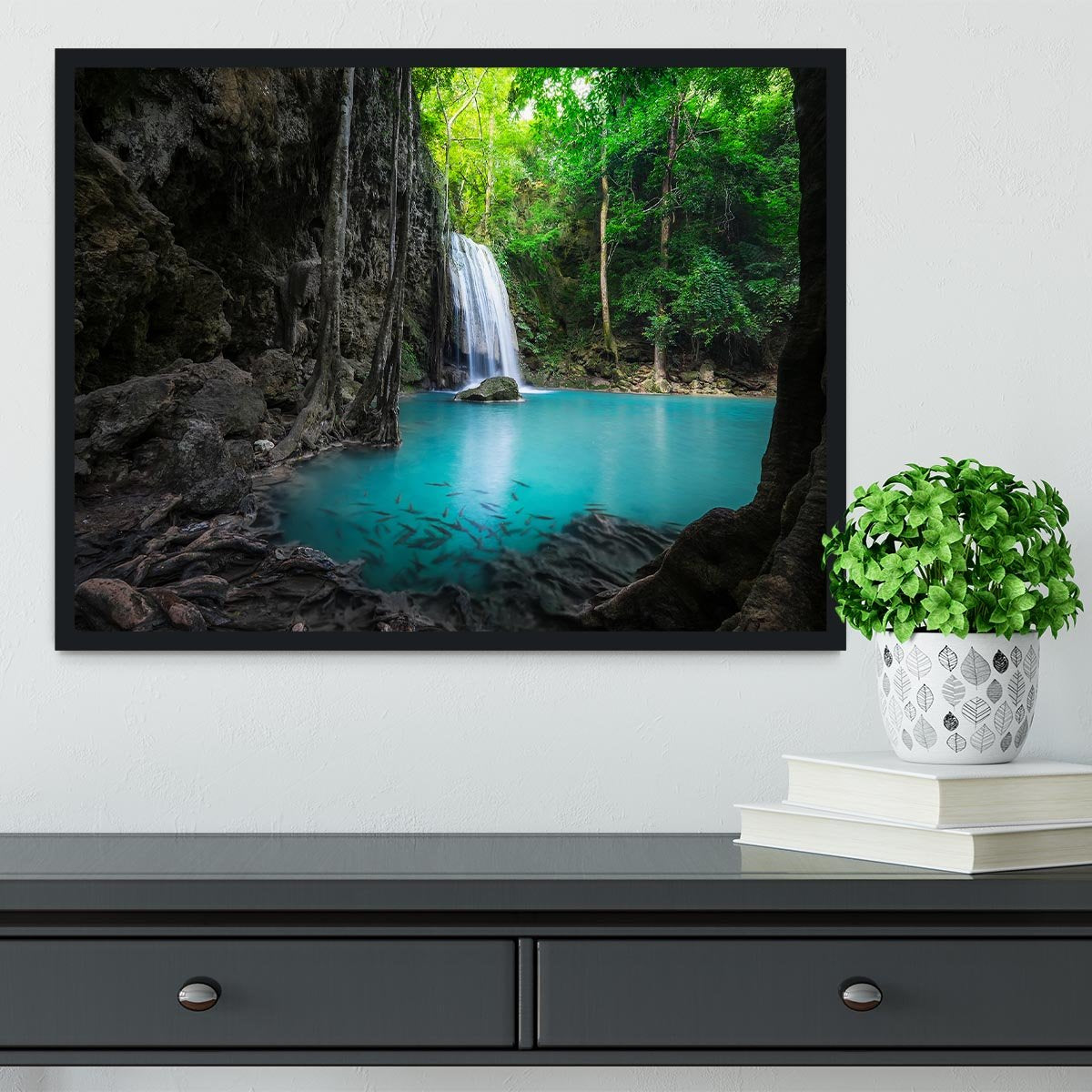 lowing turquoise water of Erawan cascade Framed Print - Canvas Art Rocks - 2