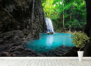 lowing turquoise water of Erawan cascade Wall Mural Wallpaper - Canvas Art Rocks - 4