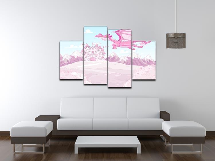 magic dragon on princess castle 4 Split Panel Canvas - Canvas Art Rocks - 3