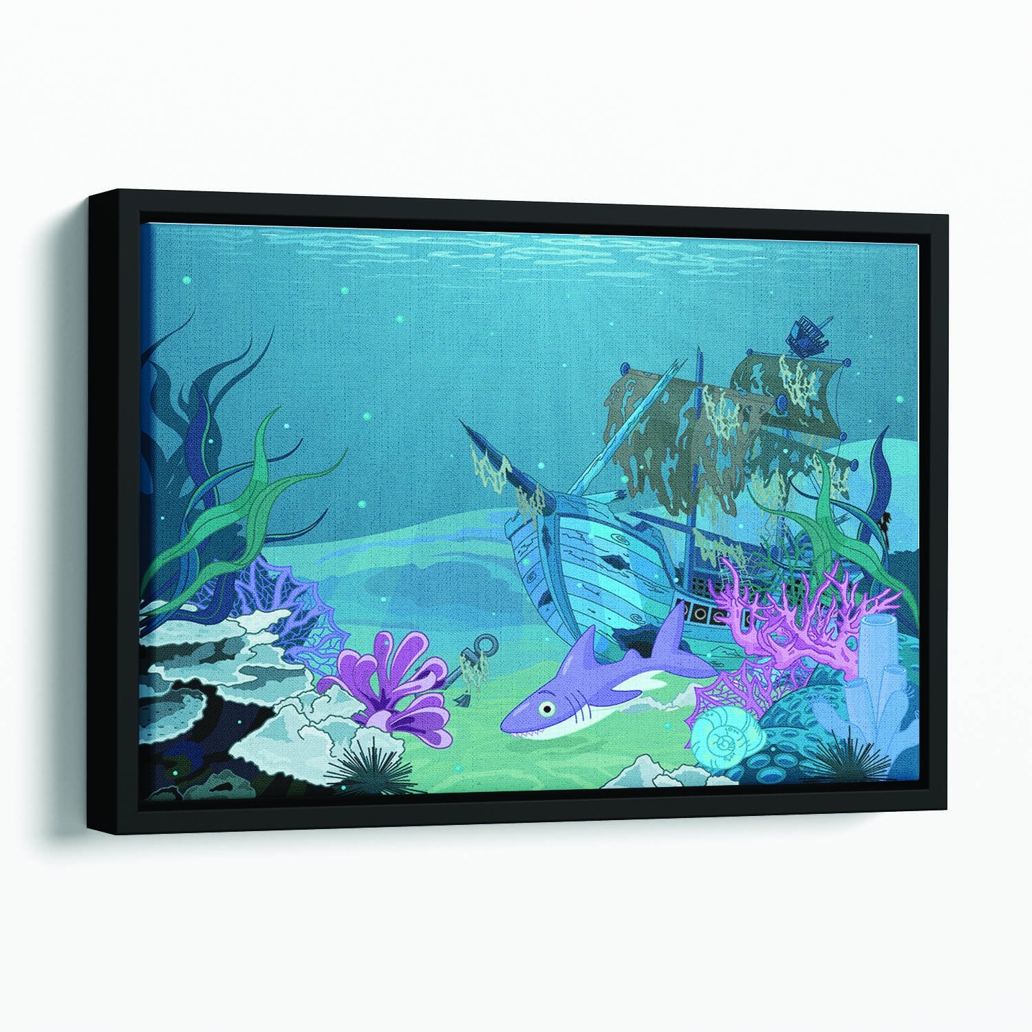 scene with old pirate ship Floating Framed Canvas