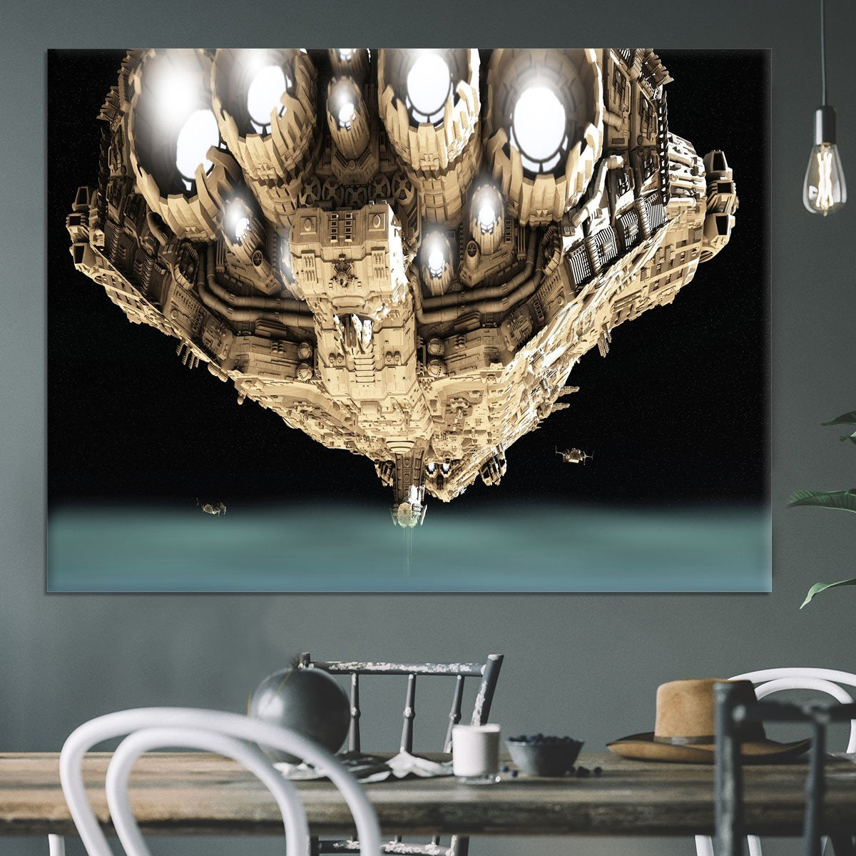 ships in low orbit over a planet Canvas Print or Poster