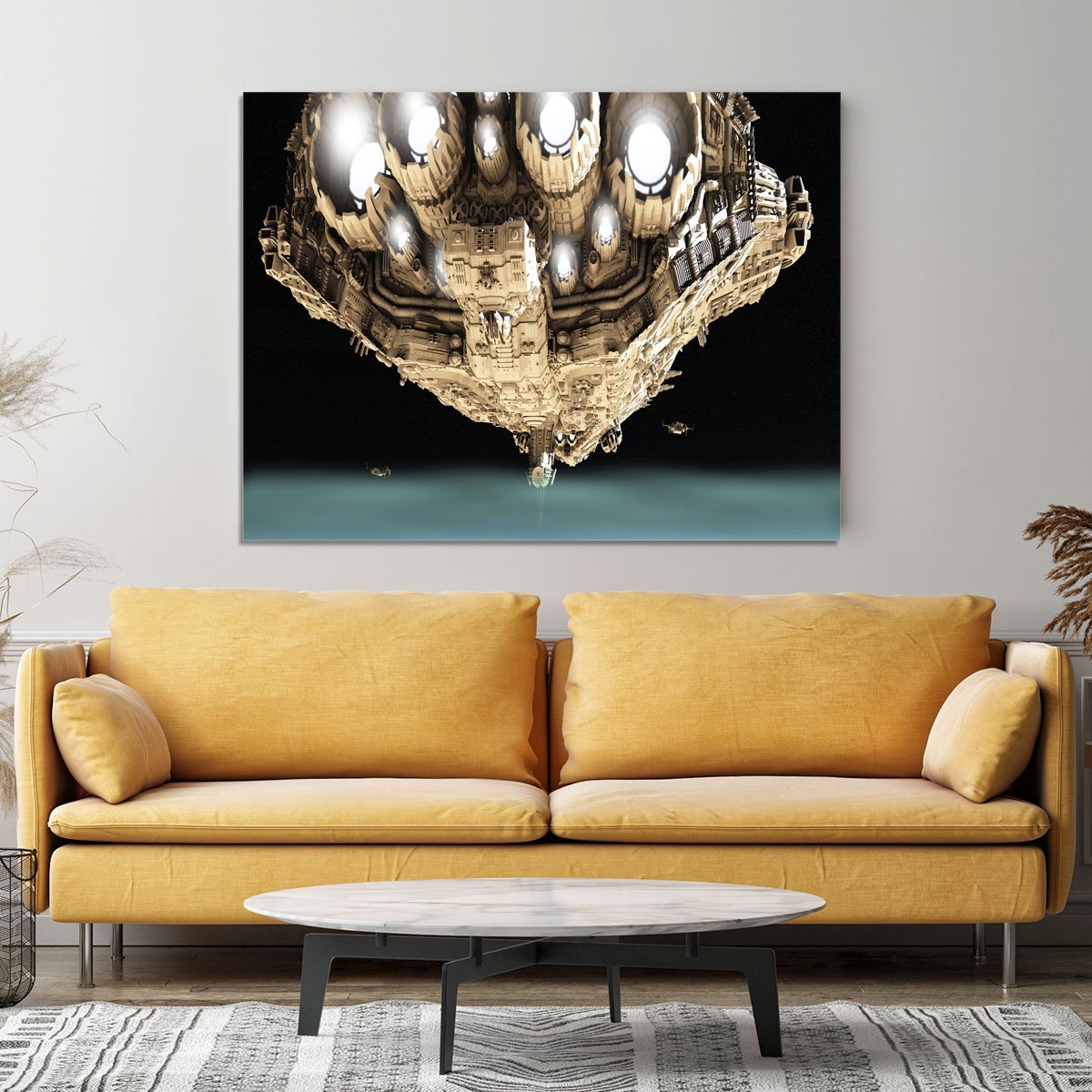 ships in low orbit over a planet Canvas Print or Poster