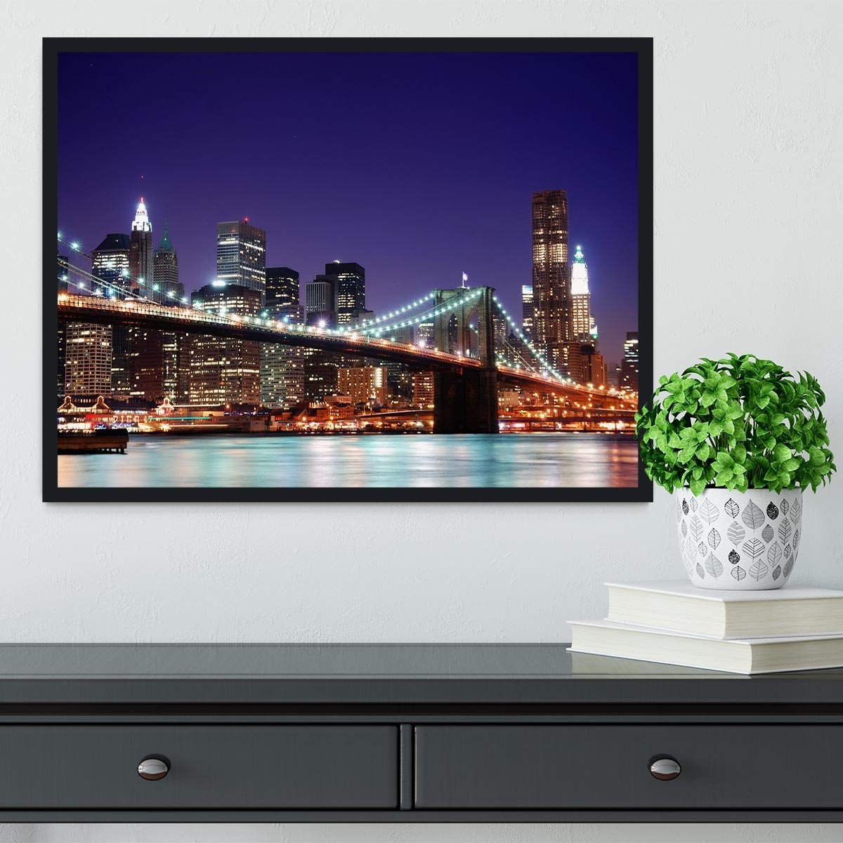 skyscrapers over Hudson River illuminated lights at dusk Framed Print - Canvas Art Rocks - 2