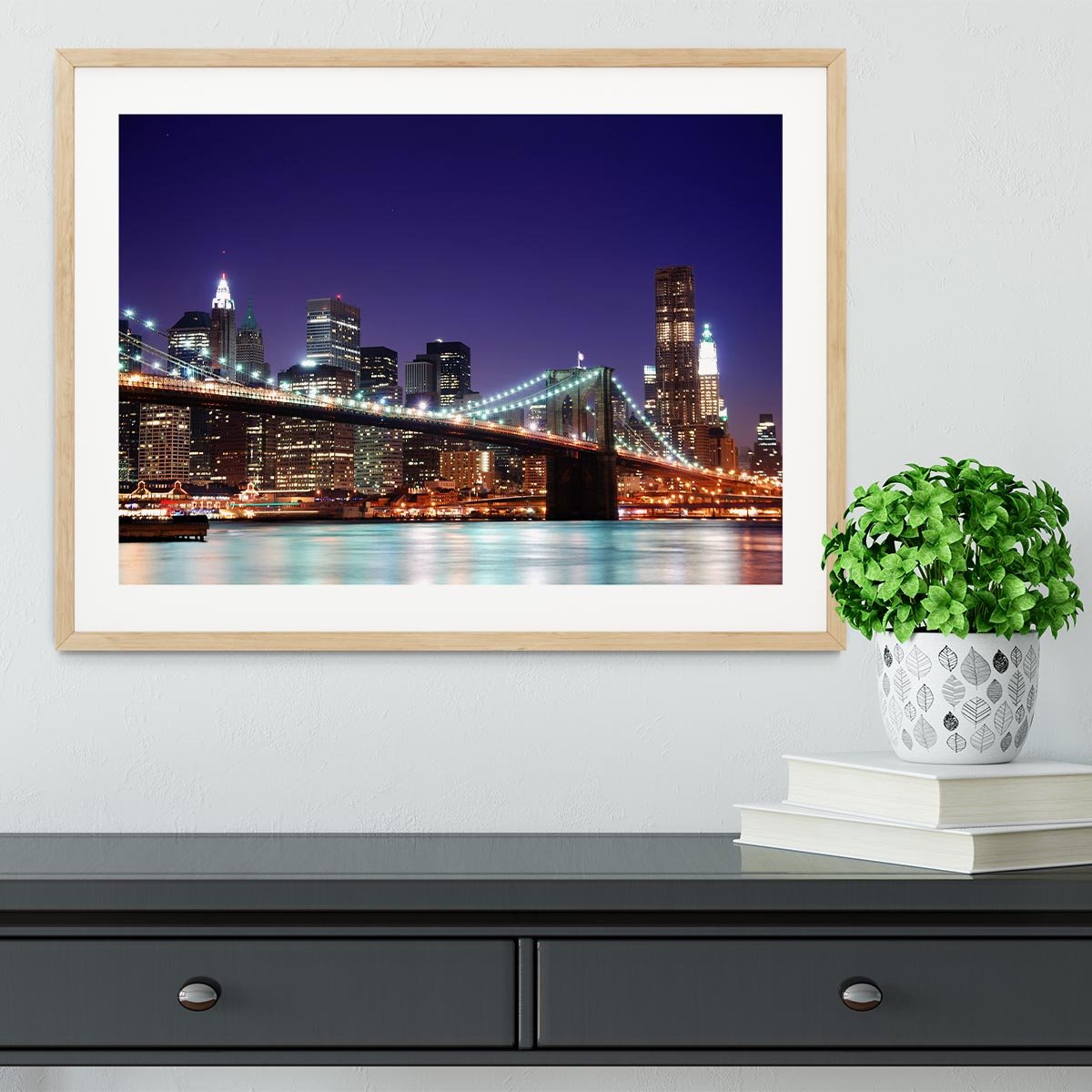 skyscrapers over Hudson River illuminated lights at dusk Framed Print - Canvas Art Rocks - 3