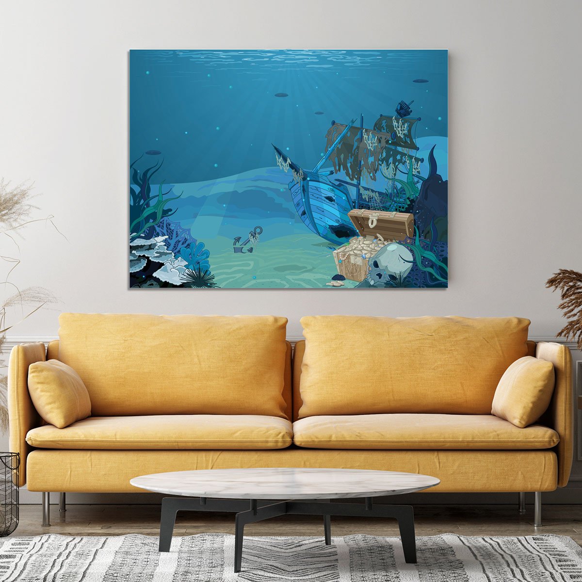 sunken sailboat on seabed background Canvas Print or Poster