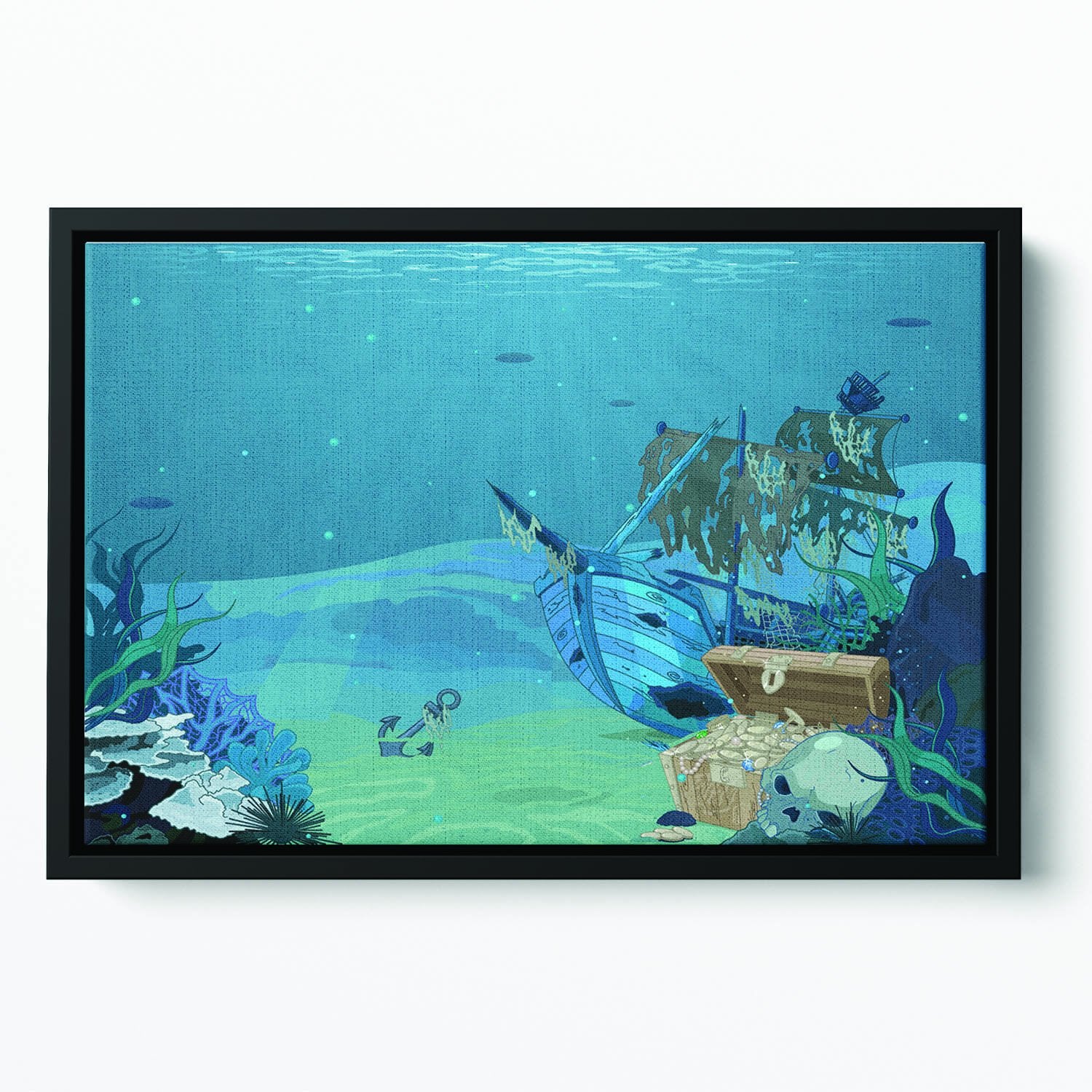 sunken sailboat on seabed background Floating Framed Canvas