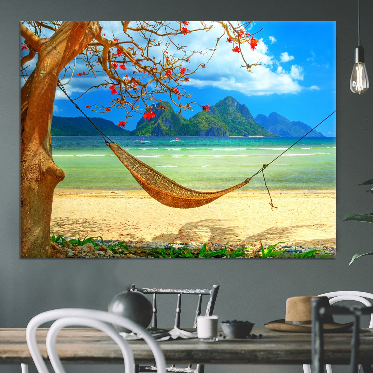 tropical beach scene with hammock Canvas Print or Poster