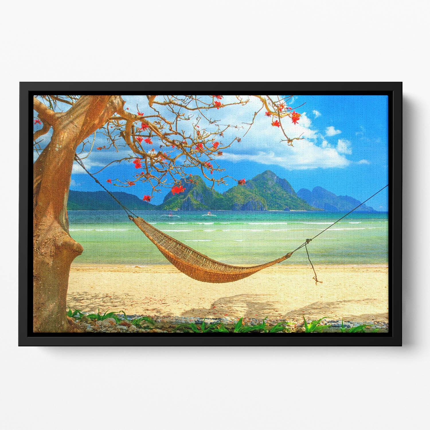 tropical beach scene with hammock Floating Framed Canvas