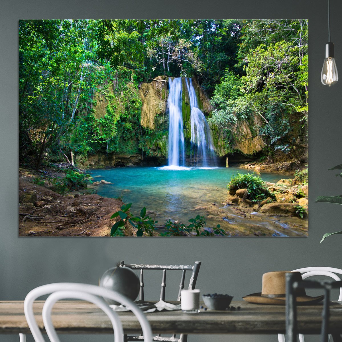 waterfall in deep green forest Canvas Print or Poster