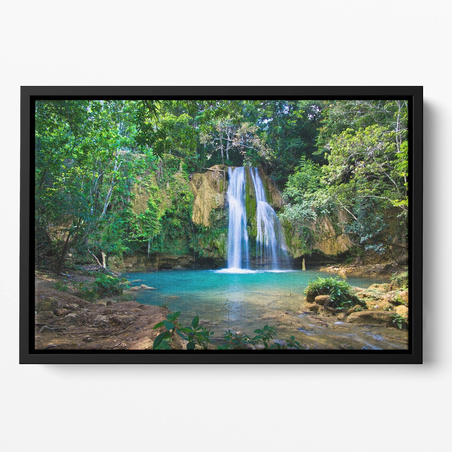 waterfall in deep green forest Floating Framed Canvas