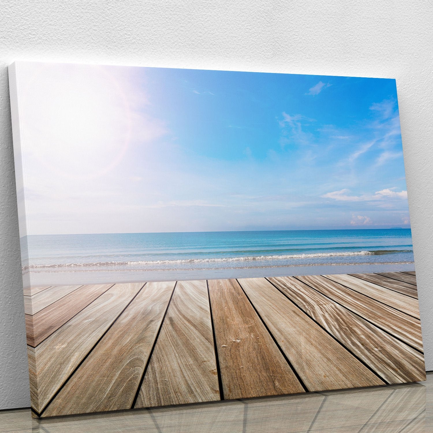 wood terrace on the beach and sun Canvas Print or Poster
