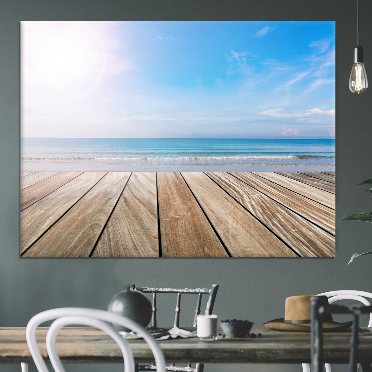 wood terrace on the beach and sun Canvas Print or Poster