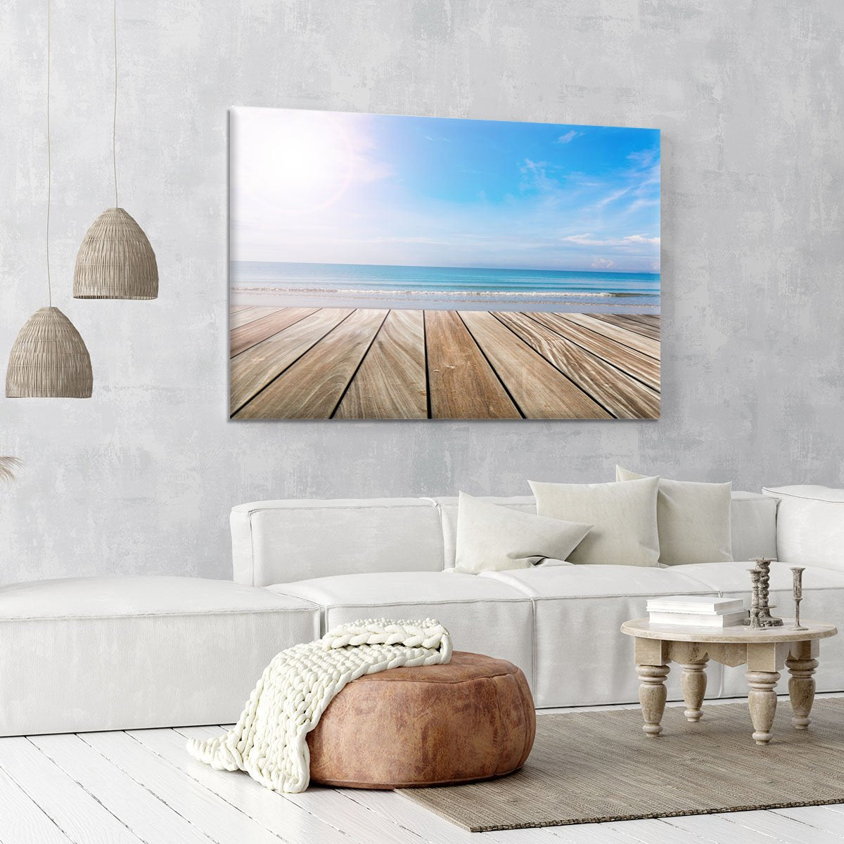 wood terrace on the beach and sun Canvas Print or Poster