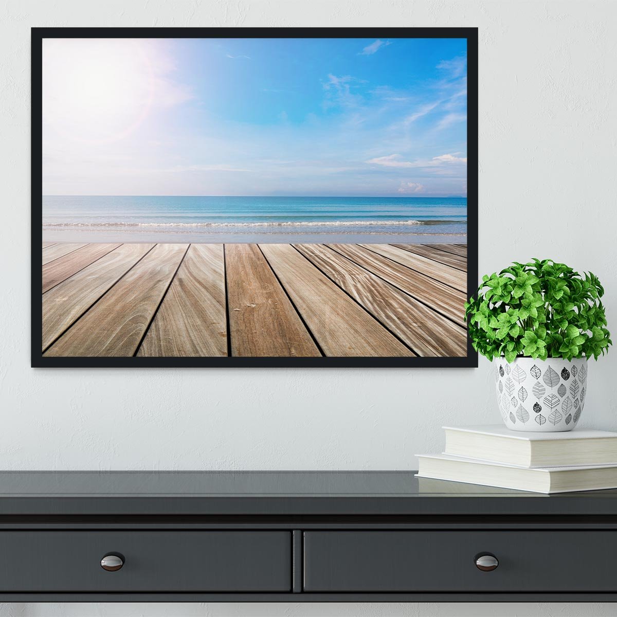 wood terrace on the beach and sun Framed Print - Canvas Art Rocks - 2